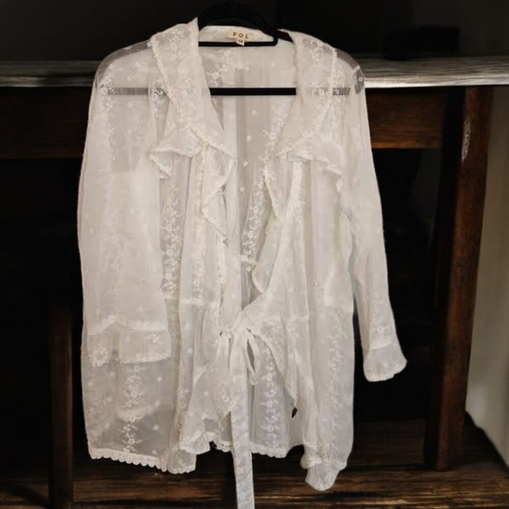 POL Sheer Tie-Front Blouse with Floral Embroidery – Size Medium - Picture 3 of 13